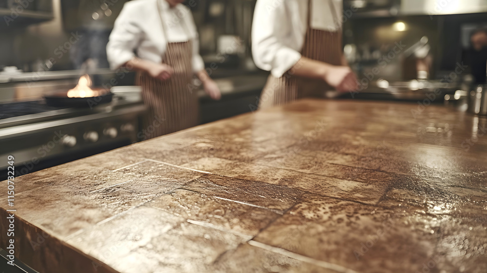 Fototapeta premium Background of Rustic wood table in a modern culinary workspace