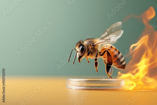 Bee hovers above a petri dish surrounded by flames in a surreal and imaginative setting photo