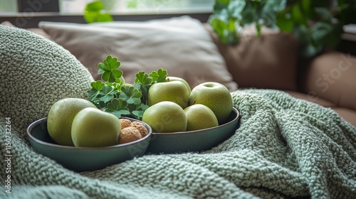 Fresh green apples arranged on cozy blankets in a warm living room setting