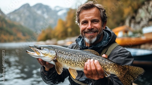 Fisherman holding a large fish in a snowy riverside town at dusk