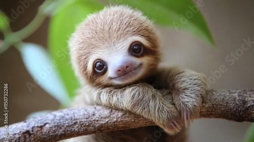 Sloth resting on a tree branch in lush rainforest setting during daylight hours