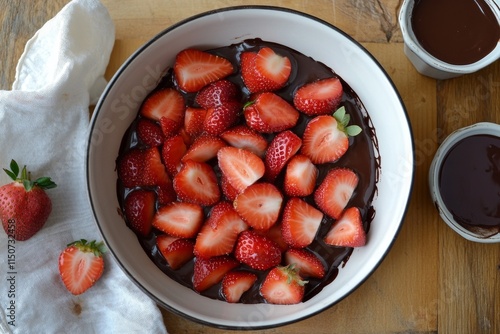 Fresh strawberries served with rich chocolate dip in a bowl at a bright kitch...