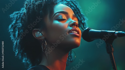 Young woman in vibrant lighting with soft hair during a nighttime studio shoot