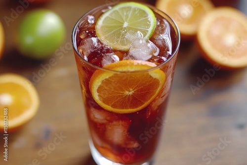 Refreshing citrus drink with orange slices and mint on a wooden table