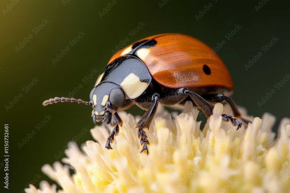 Fototapeta premium Close-up of a colorful ladybug perched on a vibrant flower under soft natural light