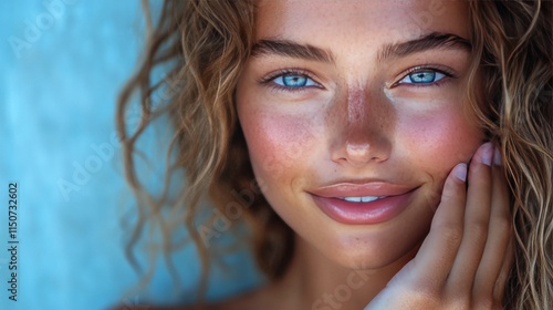 Young woman with glowing skin holding pink skincare product in natural light