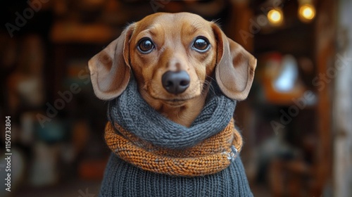 Cute dachshund wearing a cozy sweater in a warm indoor setting