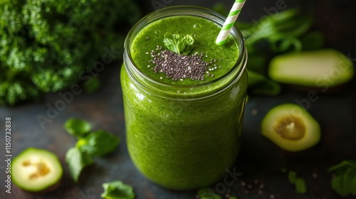 Refreshing green smoothie garnished with chia seeds in a mason jar