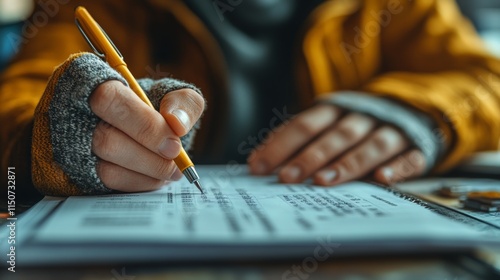 Writing in a notebook with pens at a cozy workspace during the evening