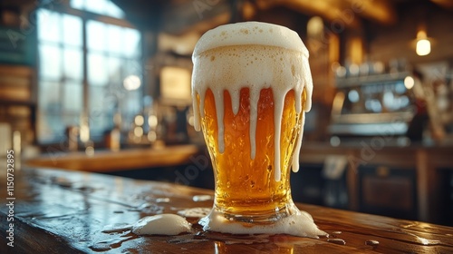 Refreshing cold beer served in a frosty mug on a wooden table at a cozy pub i...