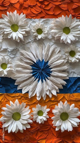 Bright floral arrangement on colorful textured background with paper flowers
