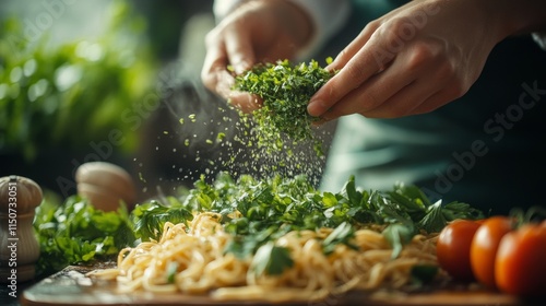 Chef preparing fresh herbs and vegetables in a bustling restaurant kitchen du...