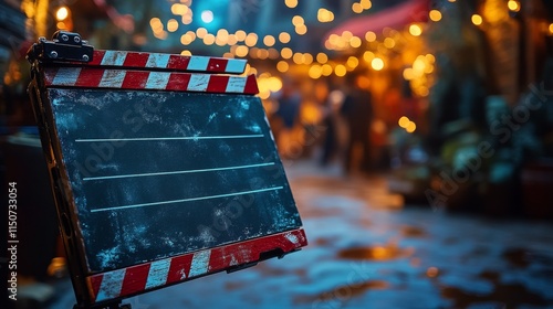 Chalkboard sign in bustling street adorned with fairy lights during evening h...