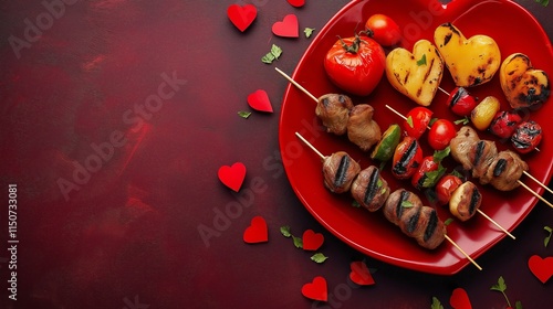 Grilled kebabs and vegetables arranged on a red heart-shaped plate with red hearts scattered on a red background. Perfect for romantic dinners or Valentine’s themes with copy space photo