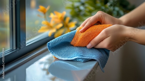Cleaning a window with a blue microfiber cloth during sunset