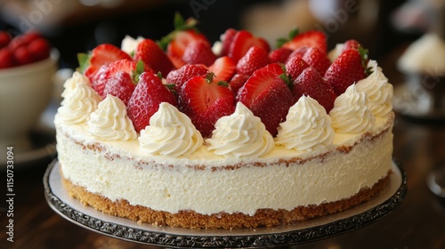 Fresh strawberry shortcake topped with whipped cream on wooden surface