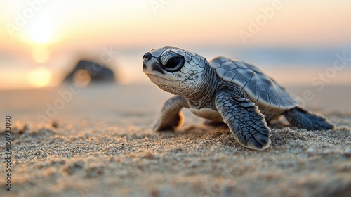 Colorful baby turtle making its way across wet sand on a sunny day