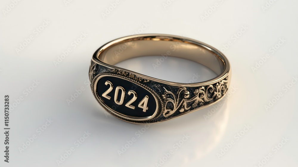 Gold ring with 2024 engraved on black inlay, ornate design. Gold ring with 2024 engraved on black inlay, ornate design.