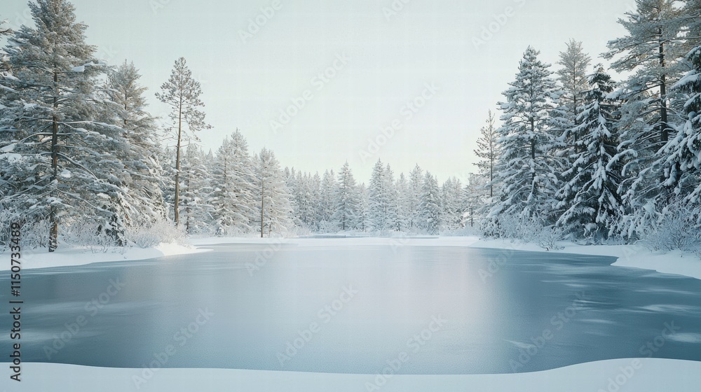 Tranquil winter serenity a frozen lake amidst snowy pines Tranquil winter serenity a frozen lake amidst snowy pines