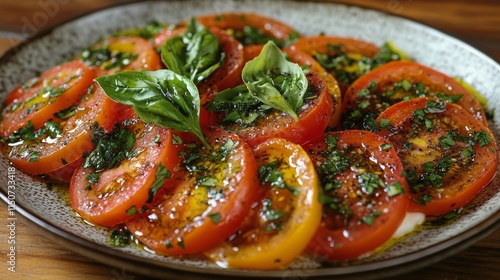Fresh caprese salad with tomatoes, mozzarella, and basil on a dark rustic table