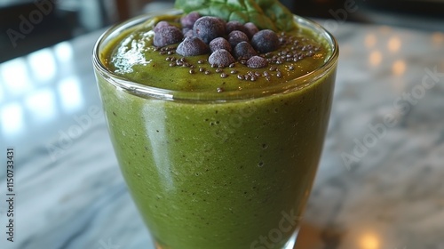 Green smoothie with spinach and banana prepared in a rustic kitchen environment