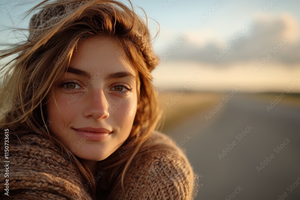 Fototapeta premium Young woman with charming smile enjoying a sunset by the roadside in a warm, cozy sweater