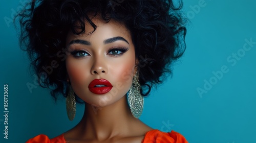 Model showcases vibrant makeup against a bold red background in studio setting