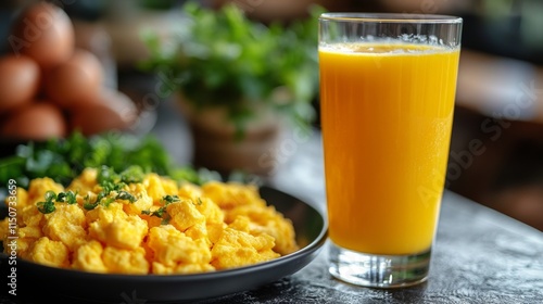 Breakfast spread with scrambled eggs and fresh juice on wooden table in cozy ...