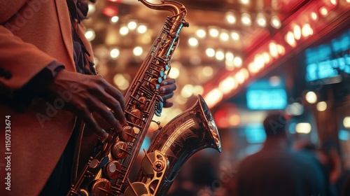 Saxophone shines brightly against a backdrop of warm bokeh lights in a cozy s...
