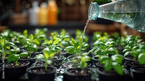 Watering young green plants in pots on a sunny day in a gardening space