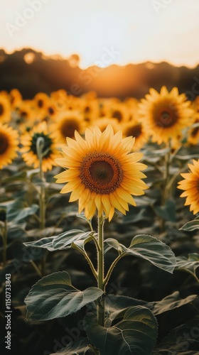 Sunflowers blooming in a vibrant field during golden hour at sunset