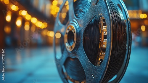Artistic representation of a film reel surrounded by sparkling light effects