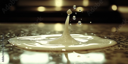 Milk drop splashing on a surface, creating a crown shape with droplets in the air. photo