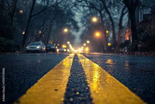 Rainy street view at night with bright yellow lines and city lights illuminat...