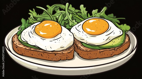 Delicious avocado toast topped with poached eggs on whole grain bread in a ru...