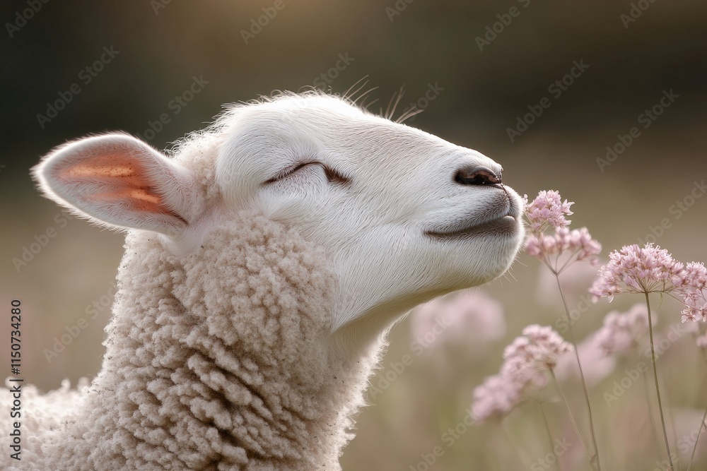 Sheep enjoying a calm moment while sniffing flowers in a meadow during springtime Sheep enjoying a calm moment while sniffing flowers in a meadow during springtime