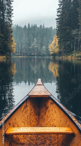 Canoeing on a peaceful lake surrounded by autumn trees under a cloudy sky