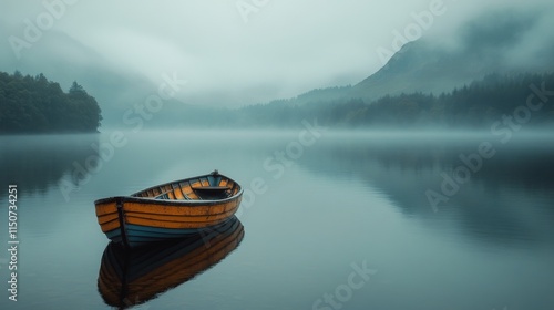 Misty lake in autumn with a solitary yellow boat floating quietly at dawn