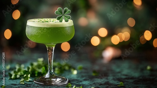 Refreshing green cocktail garnished with clover in a festive atmosphere