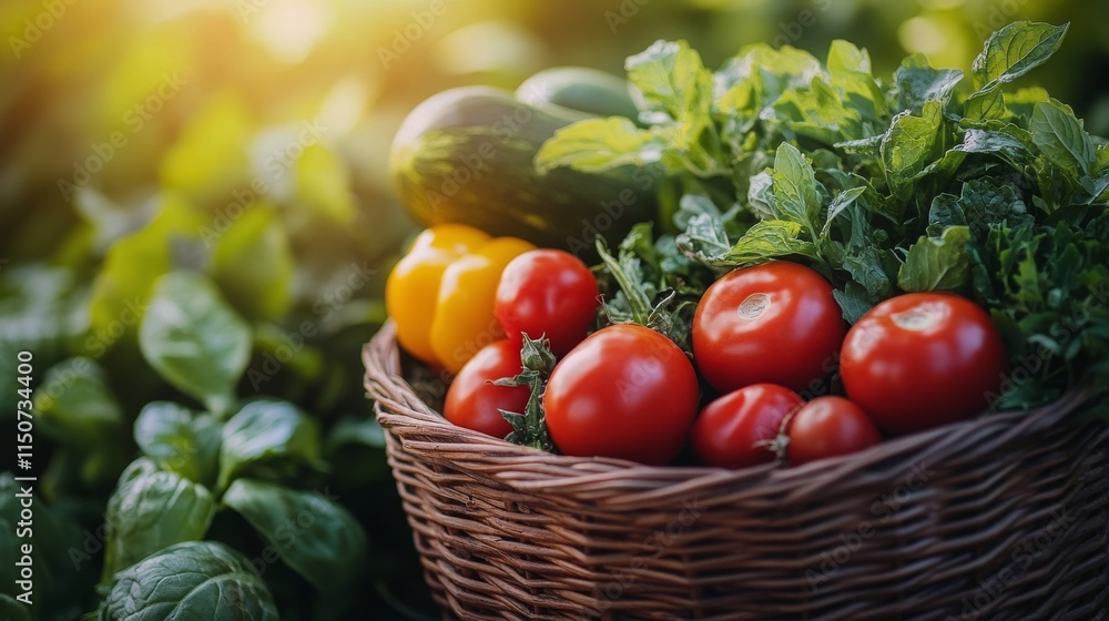 Freshly harvested vegetables in a woven basket under warm afternoon sunlight Freshly harvested vegetables in a woven basket under warm afternoon sunlight