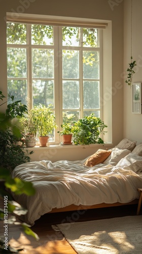 Cozy bedroom with wooden architecture and natural light in a cabin setting du...