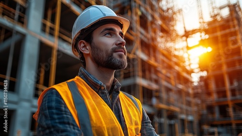 Construction worker overseeing building site with cranes and structures durin...