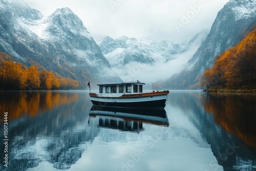 Serene boat on calm lake surrounded by mountains on a misty autumn morning