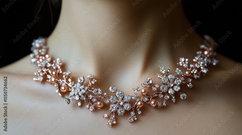 Elegant jewelry adorned with sparkling gems and pearls displayed on a persons neck Elegant jewelry adorned with sparkling gems and pearls displayed on a persons neck