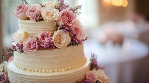Elegant wedding cake adorned with pink roses and delicate floral arrangements...