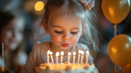 Young girl celebrating her birthday with cake and friends at a cozy gathering...