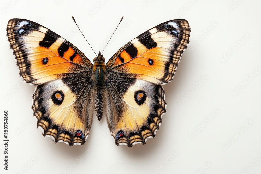 Fototapeta premium Bright butterfly perched on a light surface displaying vivid colors and intricate patterns