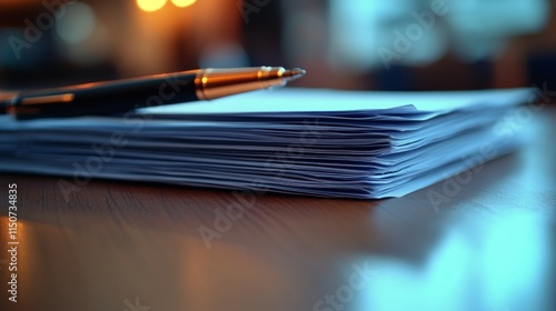 Stacked documents with a pen resting on top in a well-lit office environment