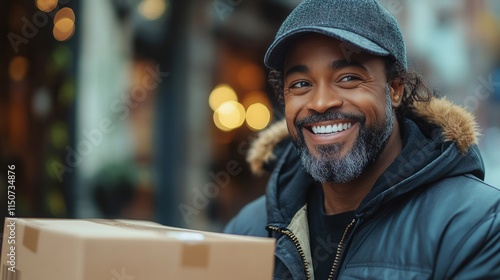 Smiling man holding package in bustling city street during daytime