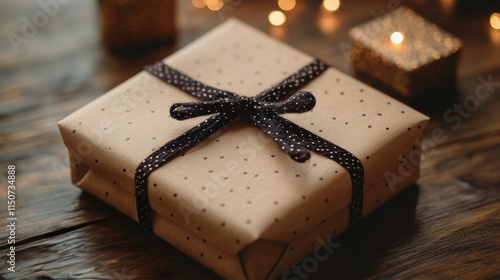 Elegant gift wrapping with blue ribbon and holiday decorations on wooden table